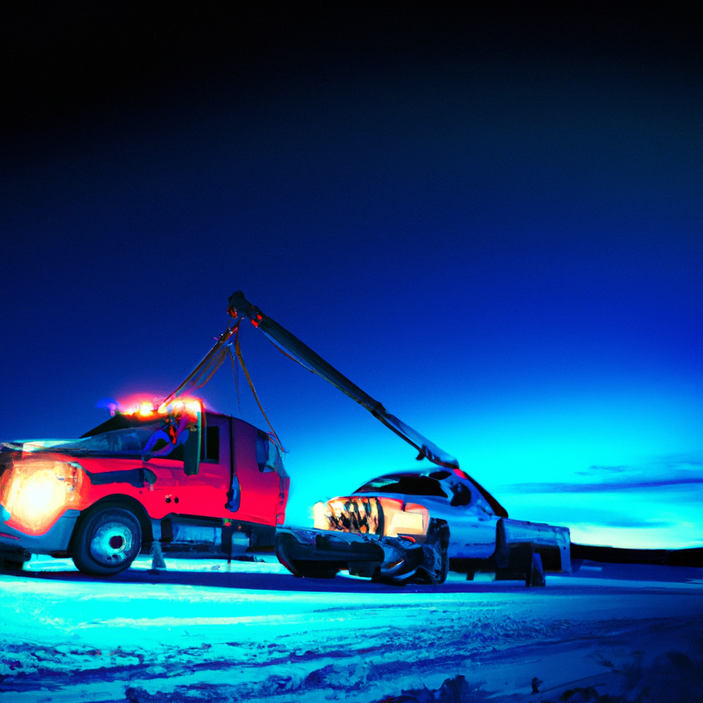 Tow truck assisting stranded vehicle at night.