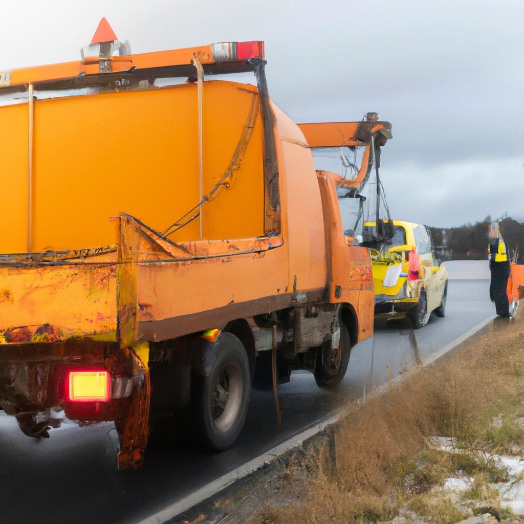 Tow truck assisting stranded vehicle roadside.