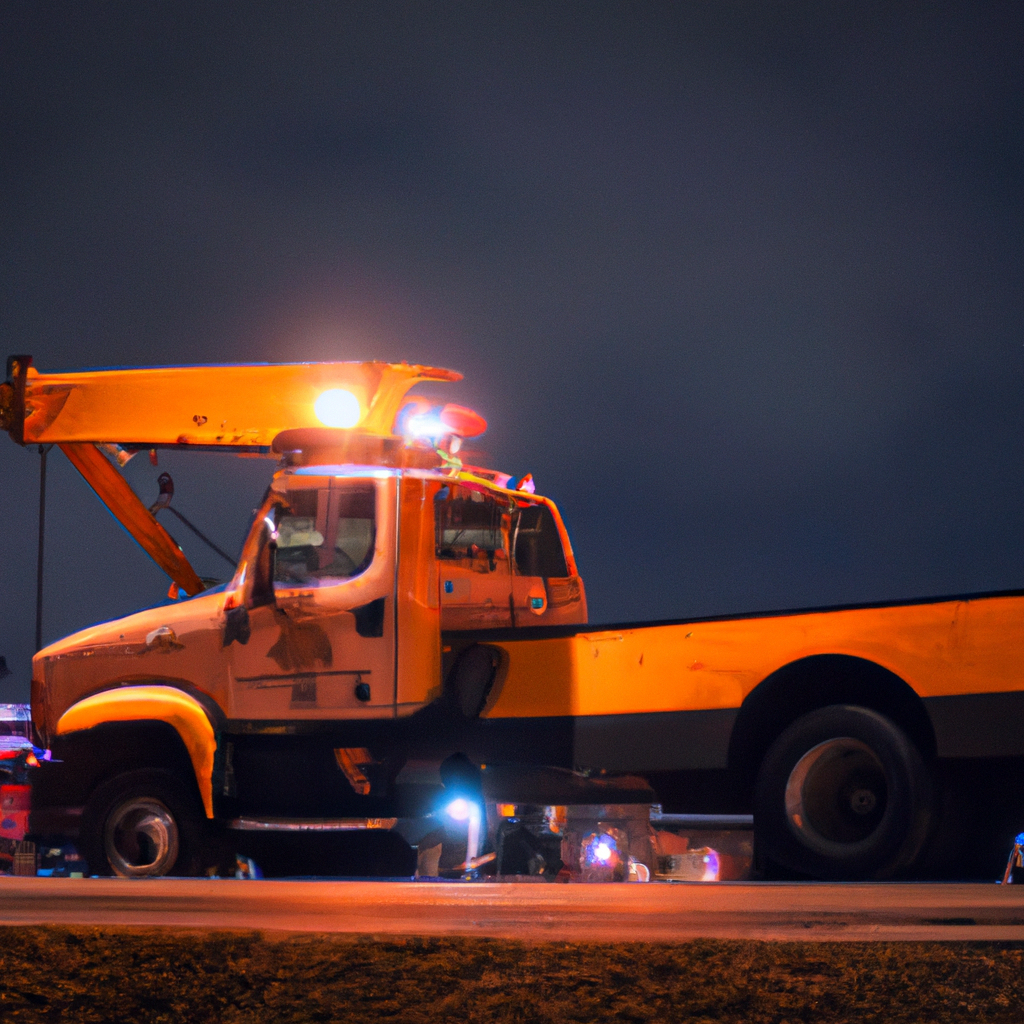 Tow truck at night, ready to help.
