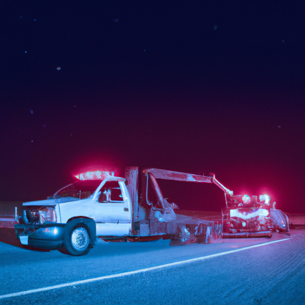 Tow truck assisting stranded vehicle at night.