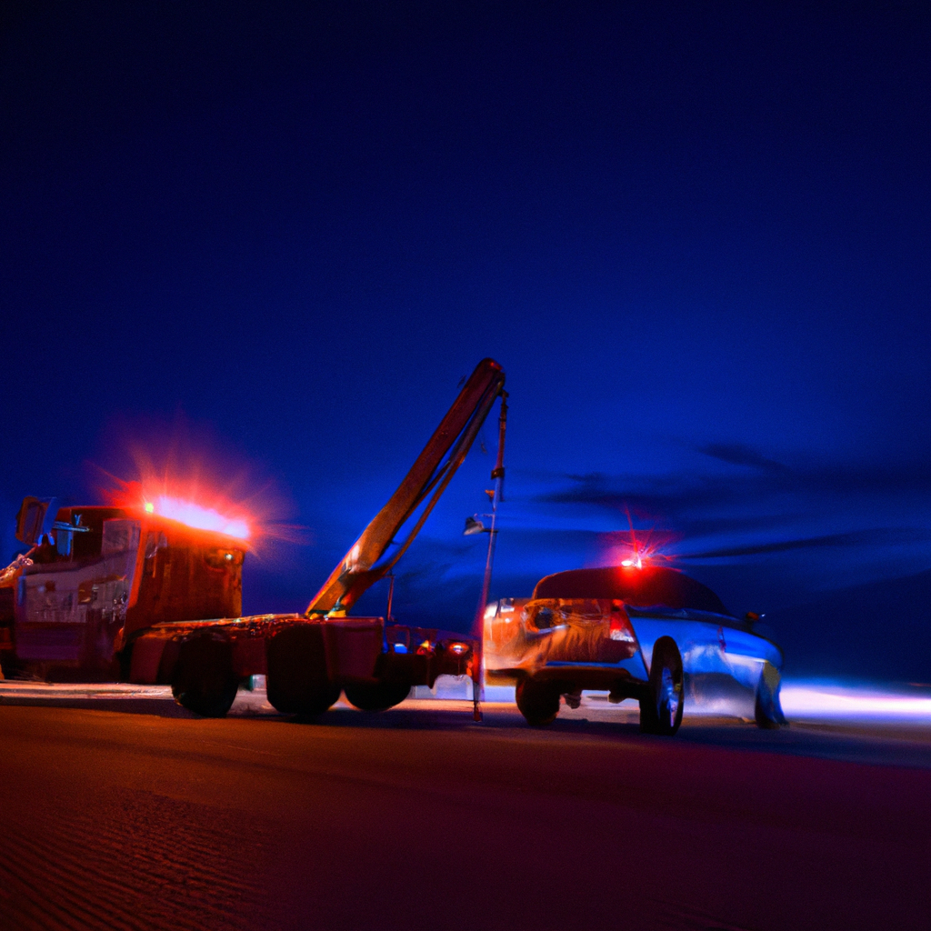 Tow truck assisting stranded vehicle at night.