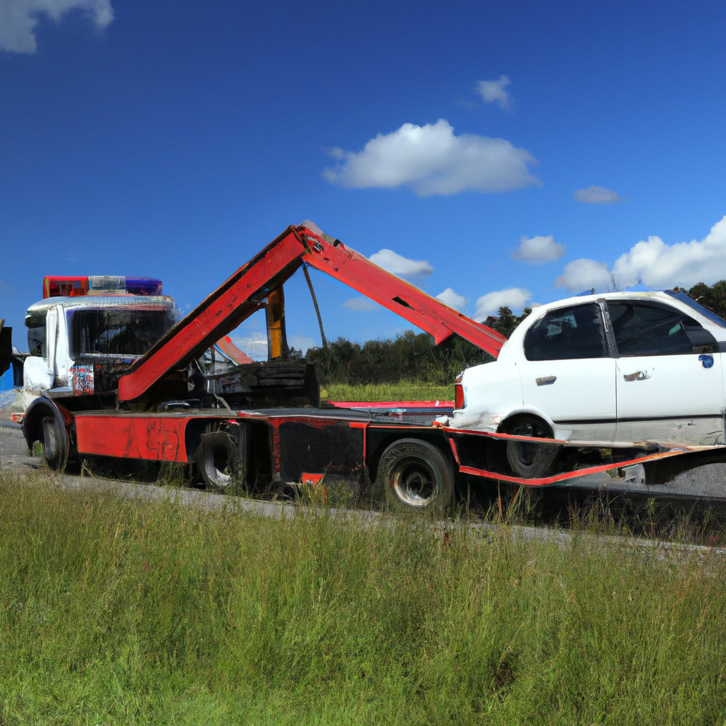 Tow truck assisting stranded vehicle roadside.