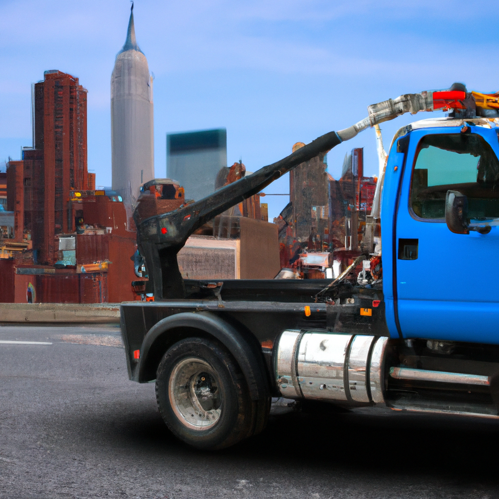 Tow truck ready, city skyline backdrop.