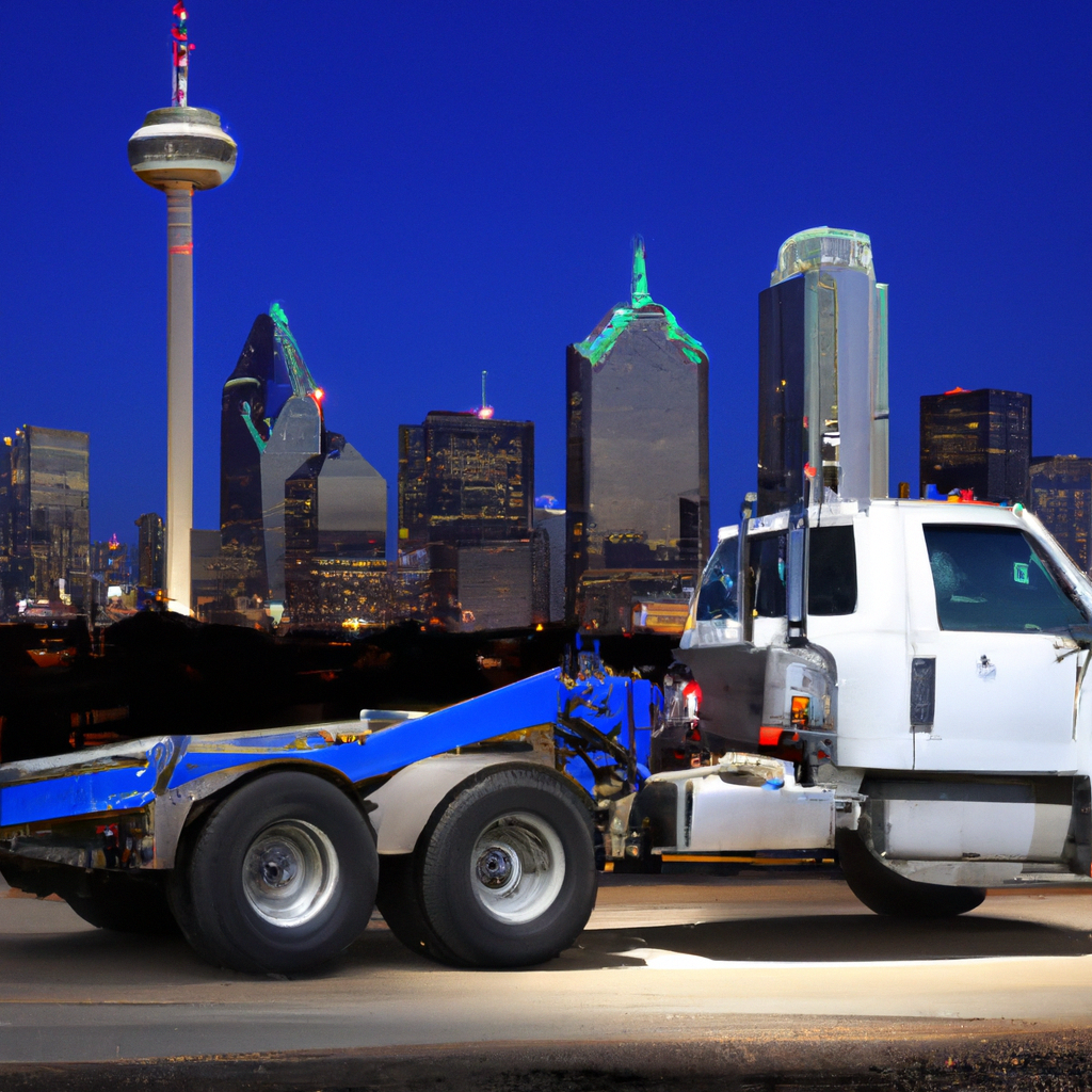 Tow truck ready, Dallas skyline backdrop.