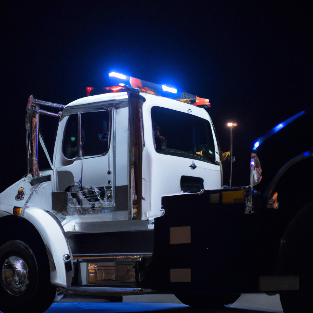Tow truck ready to assist at night.